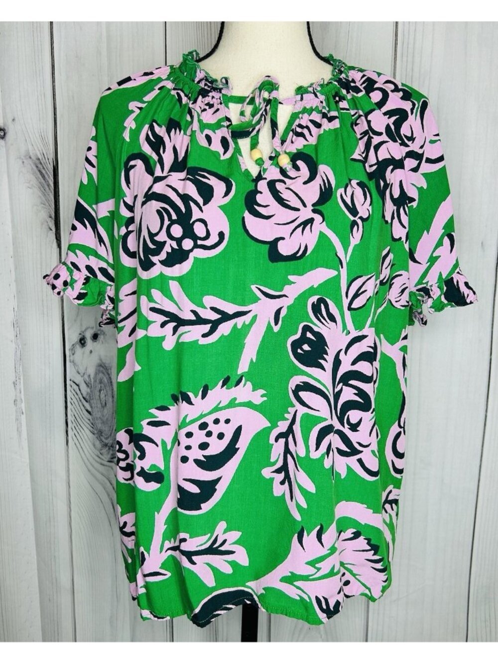 Philosophy Republic Clothing Green Pink Floral Peasant Blouse Top Womens Sz L